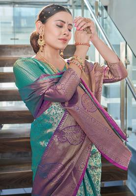 Rama blue  Faux kanchipuram silk jaal traditional rich zari woven saree 2