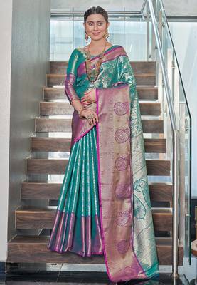 Rama blue  Faux kanchipuram silk jaal traditional rich zari woven saree 3