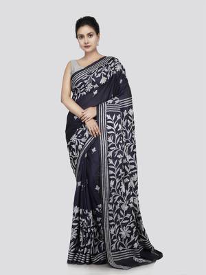 Pinkloom women's blue kantha stitch silk heavy-work-sarees with blouse 1