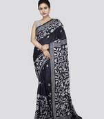 Pinkloom women's blue kantha stitch silk heavy-work-sarees with blouse