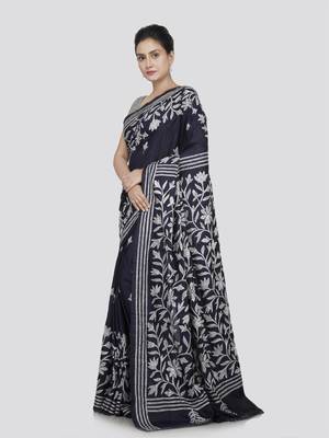 Pinkloom women's blue kantha stitch silk heavy-work-sarees with blouse 2