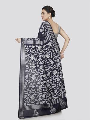 Pinkloom women's blue kantha stitch silk heavy-work-sarees with blouse 3