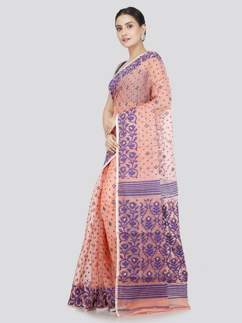 Pinkloom Women'S Peach Hand_Woven Soft Cotton Jamdani-Sarees Without Blouse Piece