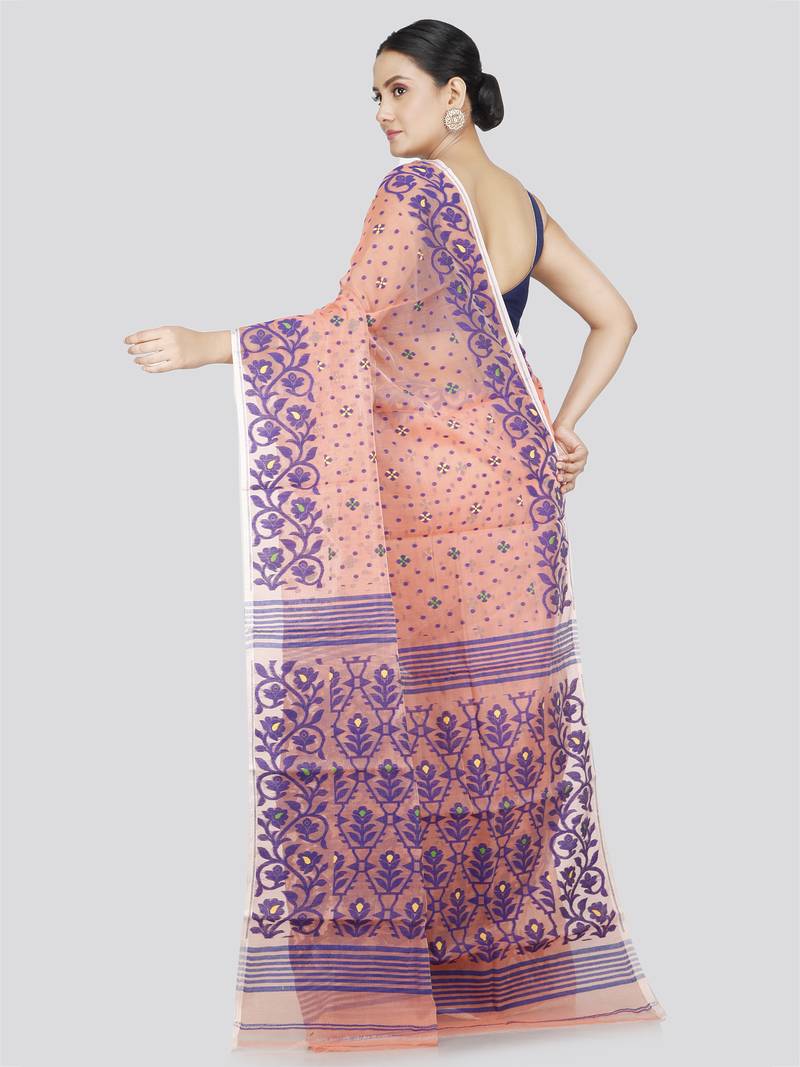 Pinkloom Women'S Peach Hand_Woven Soft Cotton Jamdani-Sarees Without Blouse Piece