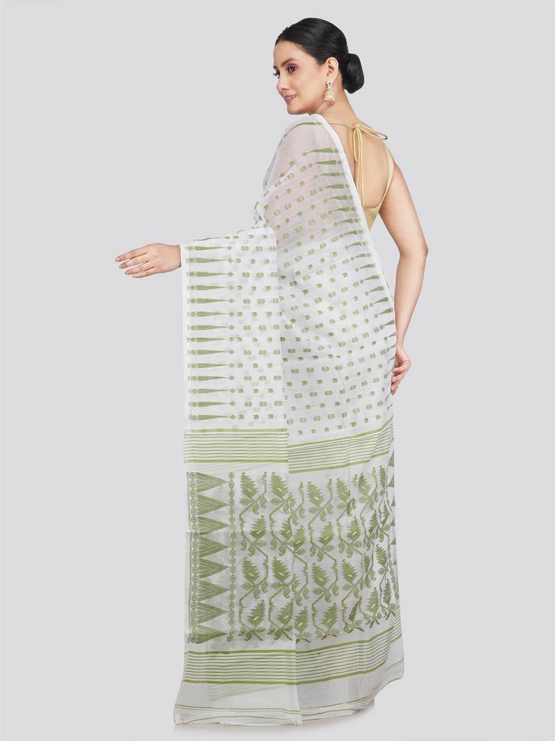 Pinkloom Women'S White Hand_Woven Soft Cotton Jamdani-Sarees Without Blouse Piece