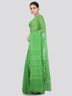 Pinkloom Women'S Green Hand_Woven Soft Cotton Jamdani-Sarees Without Blouse Piece 3