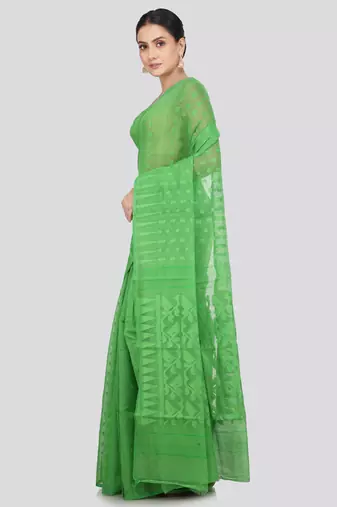 Pinkloom Women'S Green Hand_Woven Soft Cotton Jamdani-Sarees Without Blouse Piece