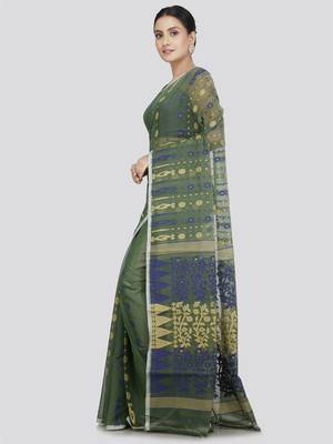 Pinkloom Women'S Green Hand_Woven Soft Cotton Jamdani-Sarees Without Blouse Piece 2