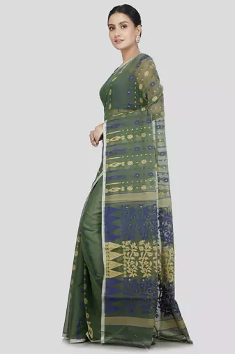 Pinkloom Women'S Green Hand_Woven Soft Cotton Jamdani-Sarees Without Blouse Piece