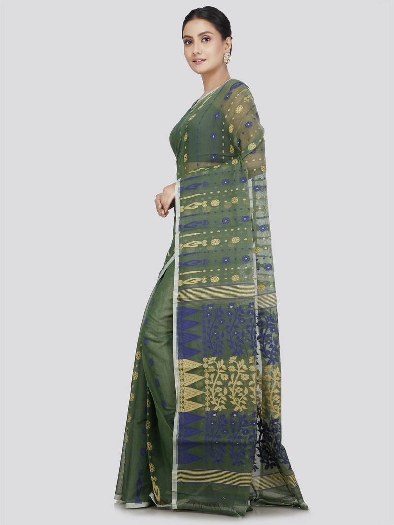 Pinkloom Women'S Green Hand_Woven Soft Cotton Jamdani-Sarees Without Blouse Piece