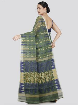Pinkloom Women'S Green Hand_Woven Soft Cotton Jamdani-Sarees Without Blouse Piece 3
