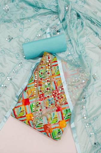 Sky Blue Cotton Digital Print Unstitched Dress Material