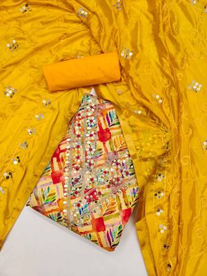 Yellow Cotton Digital Print Unstitched Dress Material 1