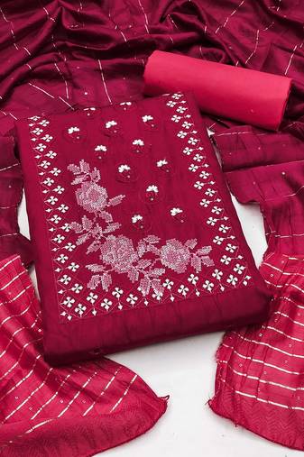 Maroon Pink Cococ silk blend Hand Work Unstitched Dress Material