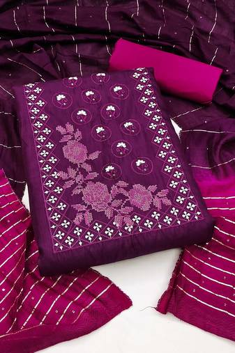 Purple Cococ silk blend Hand Work Unstitched Dress Material