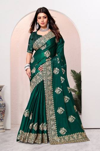 Bottle Green Coding Zarkan Embroidery Silk Saree