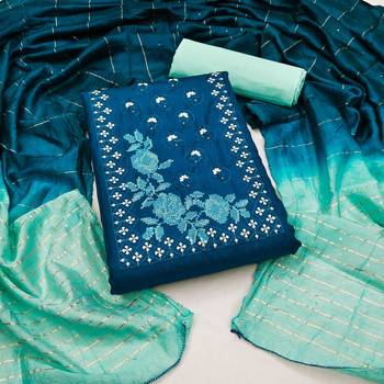 Blue Cococ silk blend Hand Work Unstitched Dress Material 1