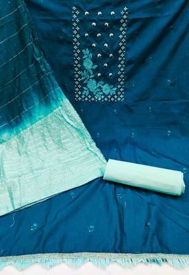 Blue Cococ silk blend Hand Work Unstitched Dress Material 2