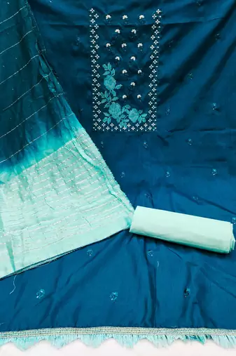 Blue Cococ silk blend Hand Work Unstitched Dress Material