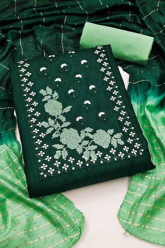 Green Cococ silk blend Hand Work Unstitched Dress Material