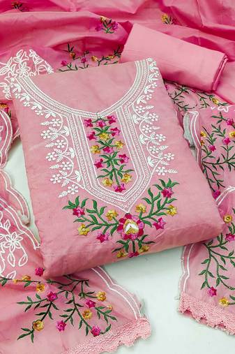 Pink Modal silk blend Embroidered Unstitched Dress Material With Inner