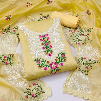 Kimisha women's yellow modal silk embroidered unstitched dress material with inner 1
