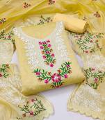 Kimisha women's yellow modal silk embroidered unstitched dress material with inner