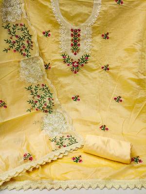 Kimisha women's yellow modal silk embroidered unstitched dress material with inner 2