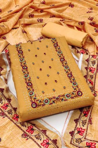 Yellow silk blend Hand Work Unstitched Dress Material