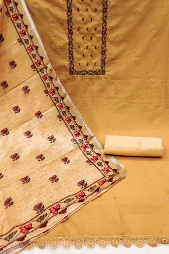 Yellow silk blend Hand Work Unstitched Dress Material