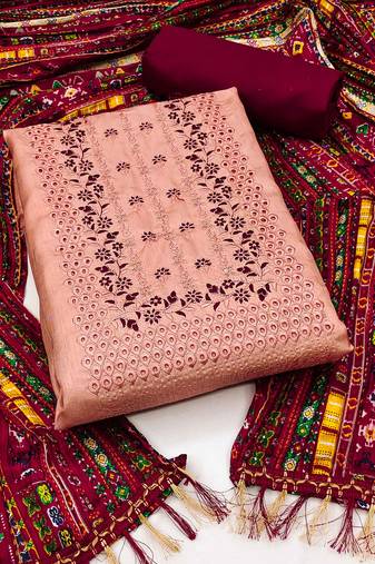 Peach Zora silk blend Hand Work Unstitched Dress Material