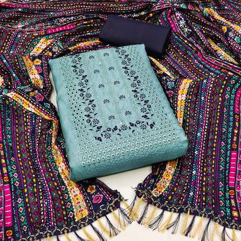 Turquoise Zora silk blend Hand Work Unstitched Dress Material 1