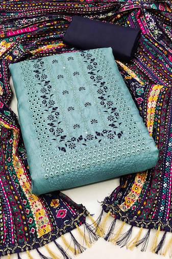 Turquoise Zora silk blend Hand Work Unstitched Dress Material