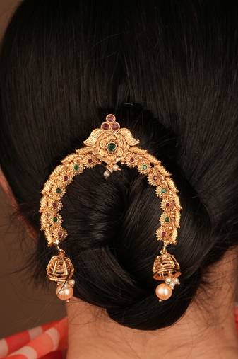 Statement Gold Plated & Red Hair Pin with Pearls