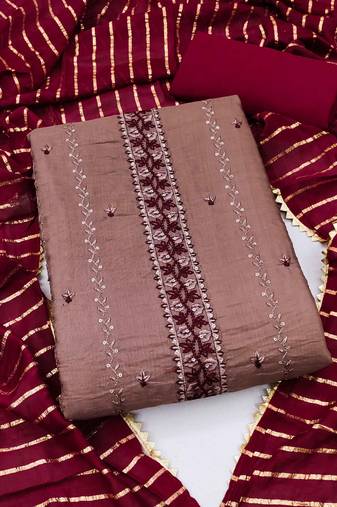 Brown Cotton Hand Work Unstitched Dress Material