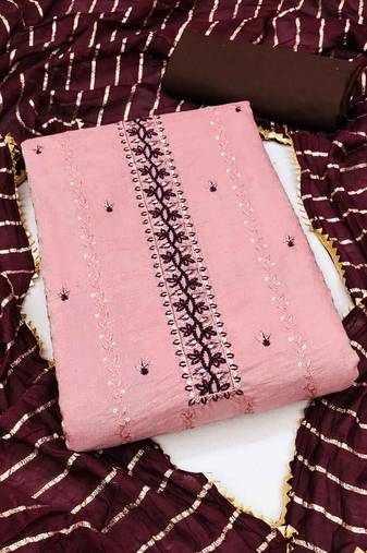 Pink Cotton Hand Work Unstitched Dress Material