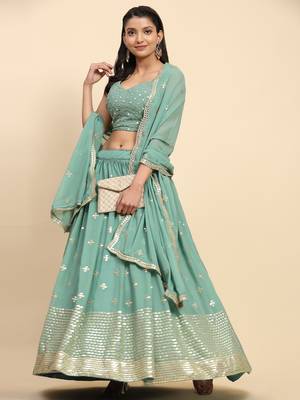 Green Embroidered work Faux Georgette Fabric wedding Lehenga Choli with Dupatta. 1