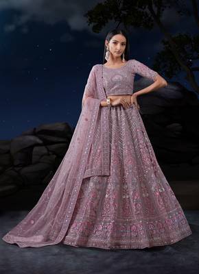 TAUPE SEQUINS & THREAD EMBROIDERED SOFT NET DESIGNER BRIDAL WEDDING & PARTY WEAR FESTIVAL SEMI STITCHED LEHENGA 1