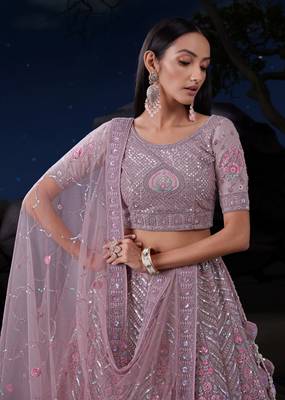 TAUPE SEQUINS & THREAD EMBROIDERED SOFT NET DESIGNER BRIDAL WEDDING & PARTY WEAR FESTIVAL SEMI STITCHED LEHENGA 2
