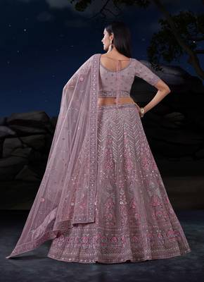 TAUPE SEQUINS & THREAD EMBROIDERED SOFT NET DESIGNER BRIDAL WEDDING & PARTY WEAR FESTIVAL SEMI STITCHED LEHENGA 3