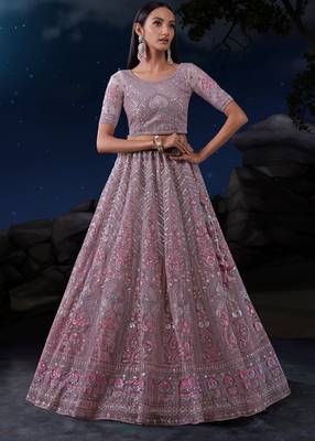 TAUPE SEQUINS & THREAD EMBROIDERED SOFT NET DESIGNER BRIDAL WEDDING & PARTY WEAR FESTIVAL SEMI STITCHED LEHENGA 4