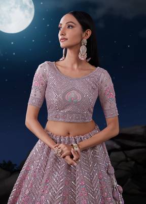 TAUPE SEQUINS & THREAD EMBROIDERED SOFT NET DESIGNER BRIDAL WEDDING & PARTY WEAR FESTIVAL SEMI STITCHED LEHENGA 5