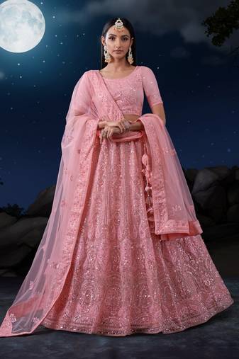 PINK SEQUINS & THREAD EMBROIDERED SOFT NET DESIGNER BRIDAL WEDDING & PARTY WEAR FESTIVAL SEMI STITCHED LEHENGA