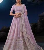 PINK SEQUINS & THREAD EMBROIDERED SOFT NET DESIGNER BRIDAL WEDDING & PARTY WEAR FESTIVAL SEMI STITCHED LEHENGA