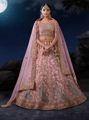 PINK SEQUINS & THREAD EMBROIDERED SOFT NET DESIGNER BRIDAL WEDDING & PARTY WEAR FESTIVAL SEMI STITCHED LEHENGA 1