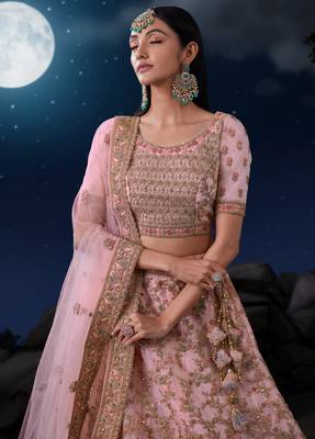 PINK SEQUINS & THREAD EMBROIDERED SOFT NET DESIGNER BRIDAL WEDDING & PARTY WEAR FESTIVAL SEMI STITCHED LEHENGA 2