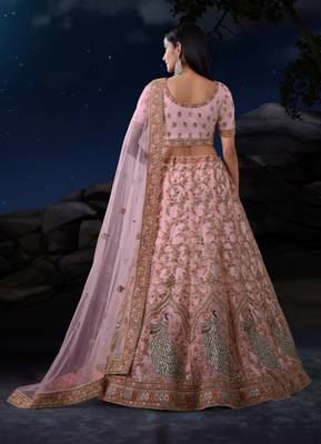 PINK SEQUINS & THREAD EMBROIDERED SOFT NET DESIGNER BRIDAL WEDDING & PARTY WEAR FESTIVAL SEMI STITCHED LEHENGA 3