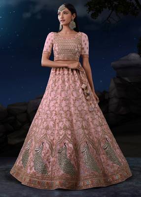PINK SEQUINS & THREAD EMBROIDERED SOFT NET DESIGNER BRIDAL WEDDING & PARTY WEAR FESTIVAL SEMI STITCHED LEHENGA 4