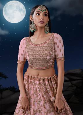 PINK SEQUINS & THREAD EMBROIDERED SOFT NET DESIGNER BRIDAL WEDDING & PARTY WEAR FESTIVAL SEMI STITCHED LEHENGA 5