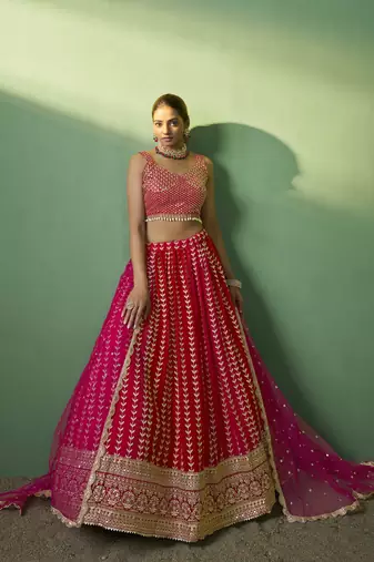 RED SEQUINS EMBROIDERED GEORGETTE DESIGNER BRIDAL WEDDING & PARTY WEAR FESTIVAL SEMI STITCHED LEHENGA
